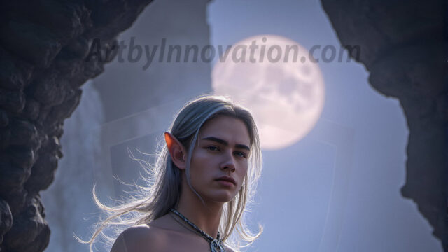 Handsome Male Elves, majestic young male elf standing in an elaborate elven background, in a dark ethereal realm. With pointed ears, wearing glamorous, luxurious, and fierce outfits is an Elven city, full of handsome, and sexy, shirtless elf men, that are adorned with shimmering, iridescent armor.