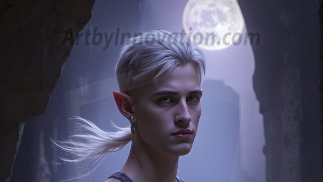 Handsome Male Elves, majestic young male elf standing in an elaborate elven background, in a dark ethereal realm. With pointed ears, wearing glamorous, luxurious, and fierce outfits is an Elven city, full of handsome, and sexy, shirtless elf men, that are adorned with shimmering, iridescent armor.