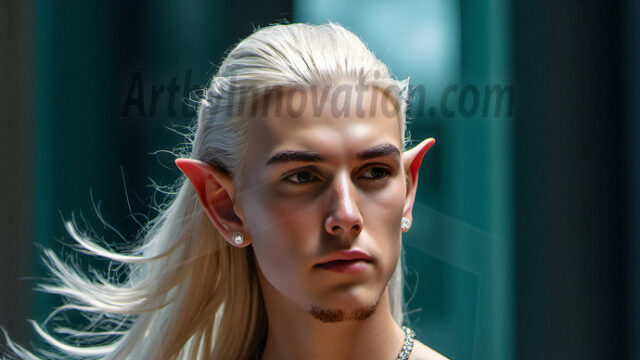 Handsome Male Elves, majestic young male elf standing in an elaborate elven background, in a dark ethereal realm. With pointed ears, wearing glamorous, luxurious, and fierce outfits is an Elven city, full of handsome, and sexy, shirtless elf men, that are adorned with shimmering, iridescent armor.