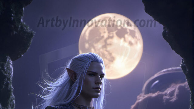 Handsome Male Elves, majestic young male elf standing in an elaborate elven background, in a dark ethereal realm. With pointed ears, wearing glamorous, luxurious, and fierce outfits is an Elven city, full of handsome, and sexy, shirtless elf men, that are adorned with shimmering, iridescent armor.