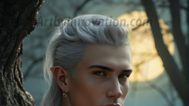 Handsome Male Elves, majestic young male elf standing in an elaborate elven background, in a dark ethereal realm. With pointed ears, wearing glamorous, luxurious, and fierce outfits is an Elven city, full of handsome, and sexy, shirtless elf men, that are adorned with shimmering, iridescent armor.