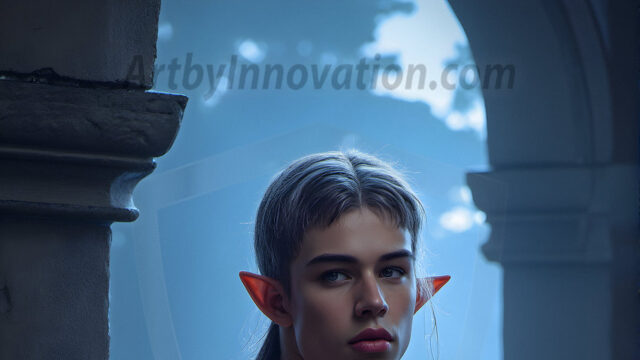 Handsome Male Elves, majestic young male elf standing in an elaborate elven background, in a dark ethereal realm. With pointed ears, wearing glamorous, luxurious, and fierce outfits is an Elven city, full of handsome, and sexy, shirtless elf men, that are adorned with shimmering, iridescent armor.