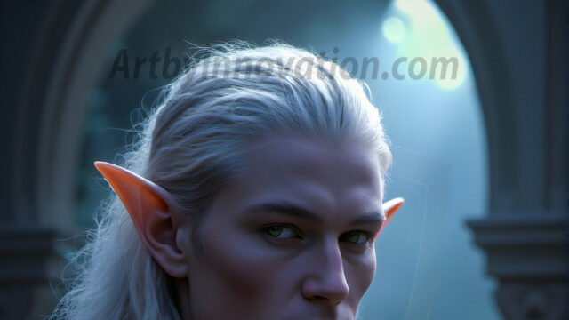 Handsome Male Elves, majestic young male elf standing in an elaborate elven background, in a dark ethereal realm. With pointed ears, wearing glamorous, luxurious, and fierce outfits is an Elven city, full of handsome, and sexy, shirtless elf men, that are adorned with shimmering, iridescent armor.