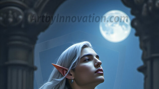 Handsome Male Elves, majestic young male elf standing in an elaborate elven background, in a dark ethereal realm. With pointed ears, wearing glamorous, luxurious, and fierce outfits is an Elven city, full of handsome, and sexy, shirtless elf men, that are adorned with shimmering, iridescent armor.