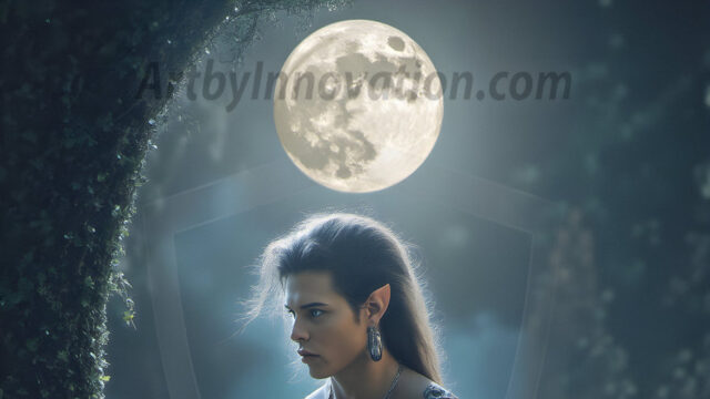 Handsome Male Elves, majestic young male elf standing in an elaborate elven background, in a dark ethereal realm. With pointed ears, wearing glamorous, luxurious, and fierce outfits is an Elven city, full of handsome, and sexy, shirtless elf men, that are adorned with shimmering, iridescent armor.