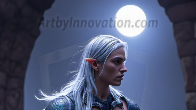 Handsome Male Elves, majestic young male elf standing in an elaborate elven background, in a dark ethereal realm. With pointed ears, wearing glamorous, luxurious, and fierce outfits is an Elven city, full of handsome, and sexy, shirtless elf men, that are adorned with shimmering, iridescent armor.