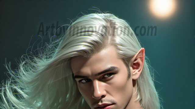 Handsome Male Elves, majestic young male elf standing in an elaborate elven background, in a dark ethereal realm. With pointed ears, wearing glamorous, luxurious, and fierce outfits is an Elven city, full of handsome, and sexy, shirtless elf men, that are adorned with shimmering, iridescent armor.