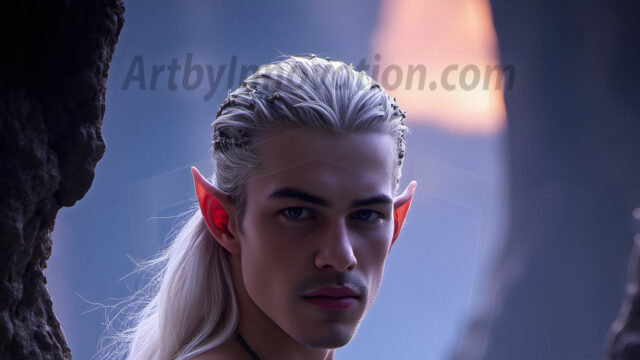 Handsome Male Elves, majestic young male elf standing in an elaborate elven background, in a dark ethereal realm. With pointed ears, wearing glamorous, luxurious, and fierce outfits is an Elven city, full of handsome, and sexy, shirtless elf men, that are adorned with shimmering, iridescent armor.