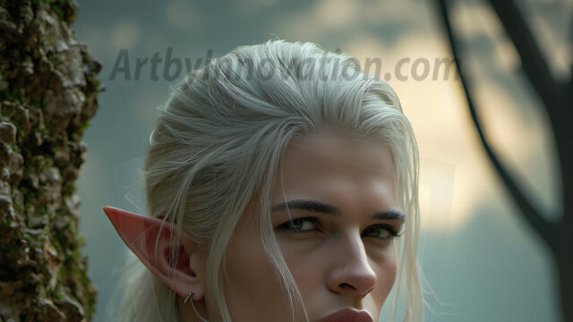 Handsome Male Elves, majestic young male elf standing in an elaborate elven background, in a dark ethereal realm. With pointed ears, wearing glamorous, luxurious, and fierce outfits is an Elven city, full of handsome, and sexy, shirtless elf men, that are adorned with shimmering, iridescent armor.