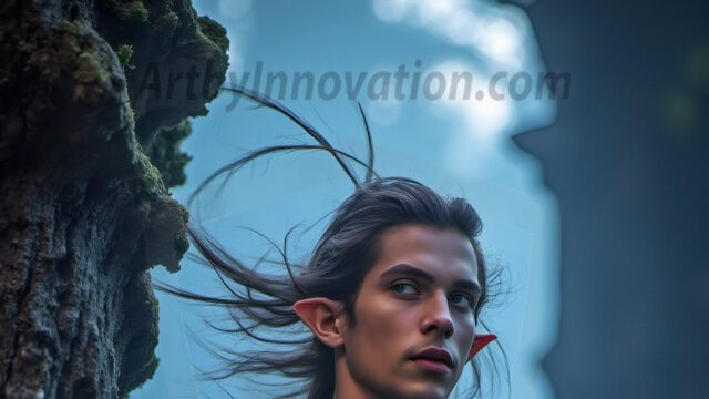 Handsome Male Elves, majestic young male elf standing in an elaborate elven background, in a dark ethereal realm. With pointed ears, wearing glamorous, luxurious, and fierce outfits is an Elven city, full of handsome, and sexy, shirtless elf men, that are adorned with shimmering, iridescent armor.