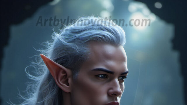 Handsome Male Elves, majestic young male elf standing in an elaborate elven background, in a dark ethereal realm. With pointed ears, wearing glamorous, luxurious, and fierce outfits is an Elven city, full of handsome, and sexy, shirtless elf men, that are adorned with shimmering, iridescent armor.
