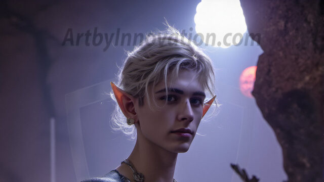 Handsome Male Elves, majestic young male elf standing in an elaborate elven background, in a dark ethereal realm. With pointed ears, wearing glamorous, luxurious, and fierce outfits is an Elven city, full of handsome, and sexy, shirtless elf men, that are adorned with shimmering, iridescent armor.
