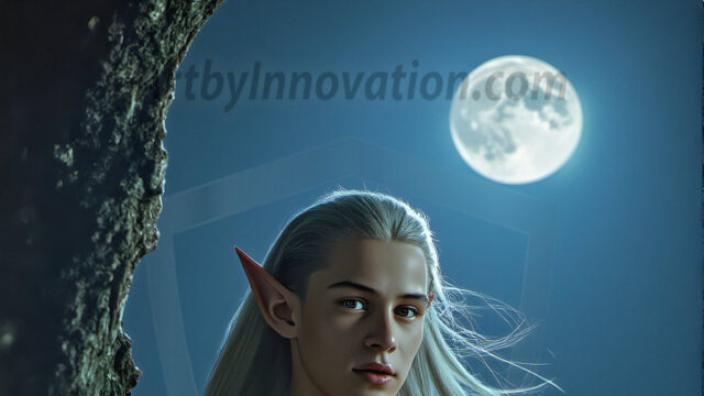 Handsome Male Elves, majestic young male elf standing in an elaborate elven background, in a dark ethereal realm. With pointed ears, wearing glamorous, luxurious, and fierce outfits is an Elven city, full of handsome, and sexy, shirtless elf men, that are adorned with shimmering, iridescent armor.