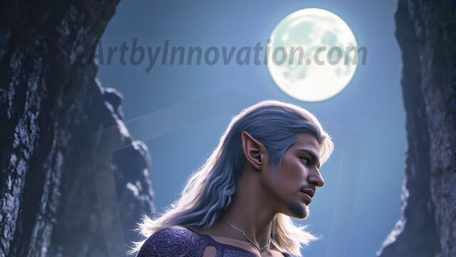 Handsome Male Elves, majestic young male elf standing in an elaborate elven background, in a dark ethereal realm. With pointed ears, wearing glamorous, luxurious, and fierce outfits is an Elven city, full of handsome, and sexy, shirtless elf men, that are adorned with shimmering, iridescent armor.