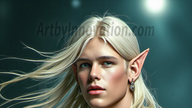 Handsome Male Elves, majestic young male elf standing in an elaborate elven background, in a dark ethereal realm. With pointed ears, wearing glamorous, luxurious, and fierce outfits is an Elven city, full of handsome, and sexy, shirtless elf men, that are adorned with shimmering, iridescent armor.