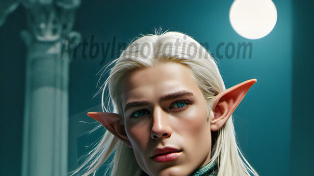 Handsome Male Elves, majestic young male elf standing in an elaborate elven background, in a dark ethereal realm. With pointed ears, wearing glamorous, luxurious, and fierce outfits is an Elven city, full of handsome, and sexy, shirtless elf men, that are adorned with shimmering, iridescent armor.