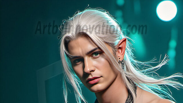 Handsome Male Elves, majestic young male elf standing in an elaborate elven background, in a dark ethereal realm. With pointed ears, wearing glamorous, luxurious, and fierce outfits is an Elven city, full of handsome, and sexy, shirtless elf men, that are adorned with shimmering, iridescent armor.