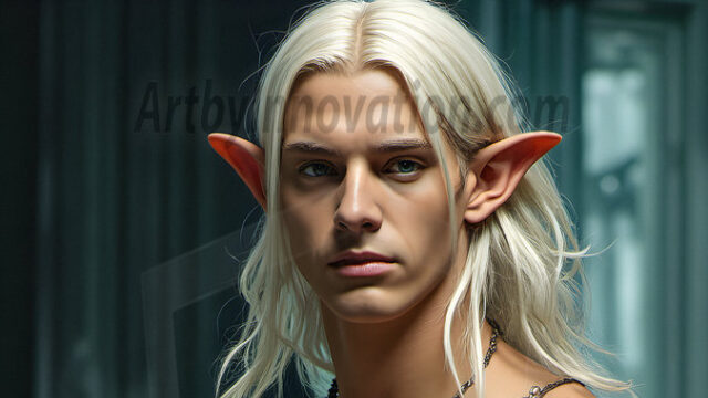 Handsome Male Elves, majestic young male elf standing in an elaborate elven background, in a dark ethereal realm. With pointed ears, wearing glamorous, luxurious, and fierce outfits is an Elven city, full of handsome, and sexy, shirtless elf men, that are adorned with shimmering, iridescent armor.