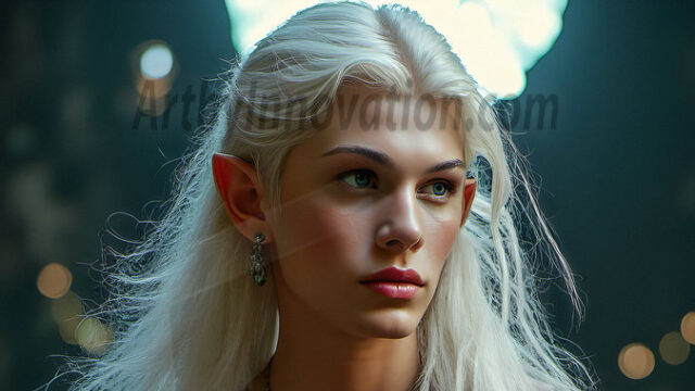 Handsome Male Elves, majestic young male elf standing in an elaborate elven background, in a dark ethereal realm. With pointed ears, wearing glamorous, luxurious, and fierce outfits is an Elven city, full of handsome, and sexy, shirtless elf men, that are adorned with shimmering, iridescent armor.