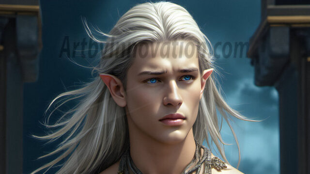 Handsome Male Elves, majestic young male elf standing in an elaborate elven background, in a dark ethereal realm. With pointed ears, wearing glamorous, luxurious, and fierce outfits is an Elven city, full of handsome, and sexy, shirtless elf men, that are adorned with shimmering, iridescent armor.