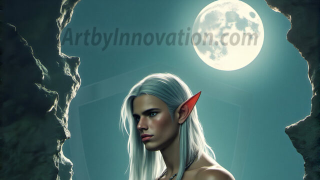Handsome Male Elves, majestic young male elf standing in an elaborate elven background, in a dark ethereal realm. With pointed ears, wearing glamorous, luxurious, and fierce outfits is an Elven city, full of handsome, and sexy, shirtless elf men, that are adorned with shimmering, iridescent armor.
