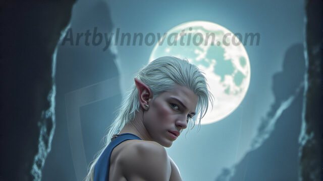 Handsome Male Elves, majestic young male elf standing in an elaborate elven background, in a dark ethereal realm. With pointed ears, wearing glamorous, luxurious, and fierce outfits is an Elven city, full of handsome, and sexy, shirtless elf men, that are adorned with shimmering, iridescent armor.