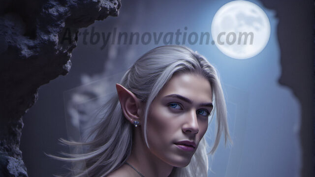 Handsome Male Elves, majestic young male elf standing in an elaborate elven background, in a dark ethereal realm. With pointed ears, wearing glamorous, luxurious, and fierce outfits is an Elven city, full of handsome, and sexy, shirtless elf men, that are adorned with shimmering, iridescent armor.