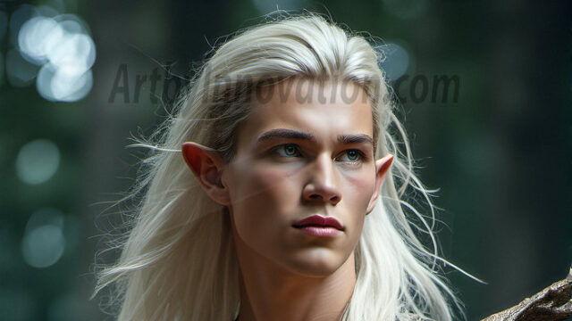 Handsome Male Elves, majestic young male elf standing in an elaborate elven background, in a dark ethereal realm. With pointed ears, wearing glamorous, luxurious, and fierce outfits is an Elven city, full of handsome, and sexy, shirtless elf men, that are adorned with shimmering, iridescent armor.