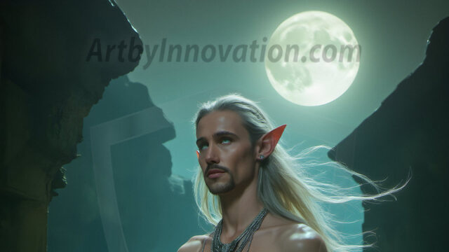 Handsome Male Elves, majestic young male elf standing in an elaborate elven background, in a dark ethereal realm. With pointed ears, wearing glamorous, luxurious, and fierce outfits is an Elven city, full of handsome, and sexy, shirtless elf men, that are adorned with shimmering, iridescent armor.