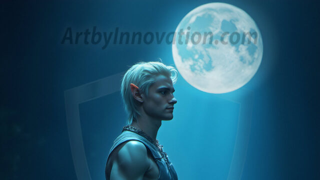 Handsome Male Elves, majestic young male elf standing in an elaborate elven background, in a dark ethereal realm. With pointed ears, wearing glamorous, luxurious, and fierce outfits is an Elven city, full of handsome, and sexy, shirtless elf men, that are adorned with shimmering, iridescent armor.