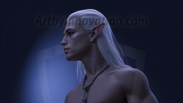Handsome Male Elves, majestic young male elf standing in an elaborate elven background, in a dark ethereal realm. With pointed ears, wearing glamorous, luxurious, and fierce outfits is an Elven city, full of handsome, and sexy, shirtless elf men, that are adorned with shimmering, iridescent armor.