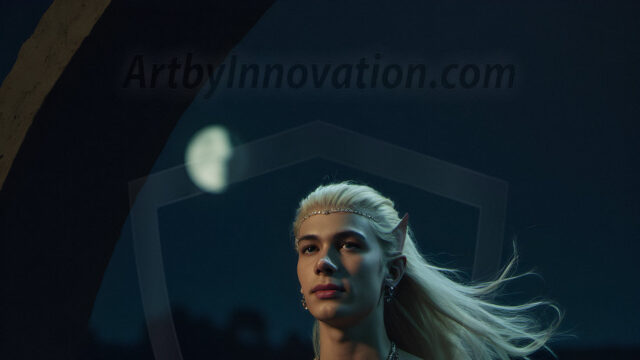 Handsome Male Elves, majestic young male elf standing in an elaborate elven background, in a dark ethereal realm. With pointed ears, wearing glamorous, luxurious, and fierce outfits is an Elven city, full of handsome, and sexy, shirtless elf men, that are adorned with shimmering, iridescent armor.