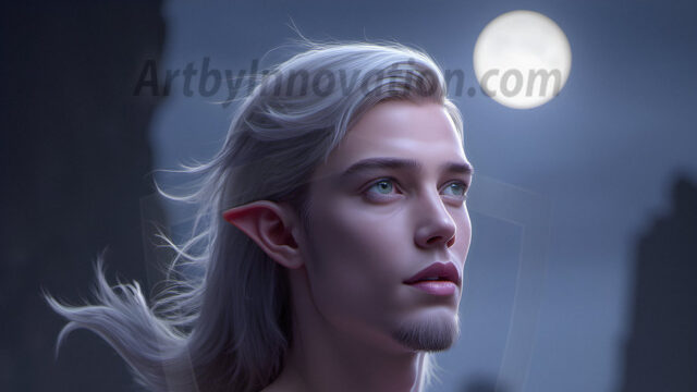 Handsome Male Elves, majestic young male elf standing in an elaborate elven background, in a dark ethereal realm. With pointed ears, wearing glamorous, luxurious, and fierce outfits is an Elven city, full of handsome, and sexy, shirtless elf men, that are adorned with shimmering, iridescent armor.