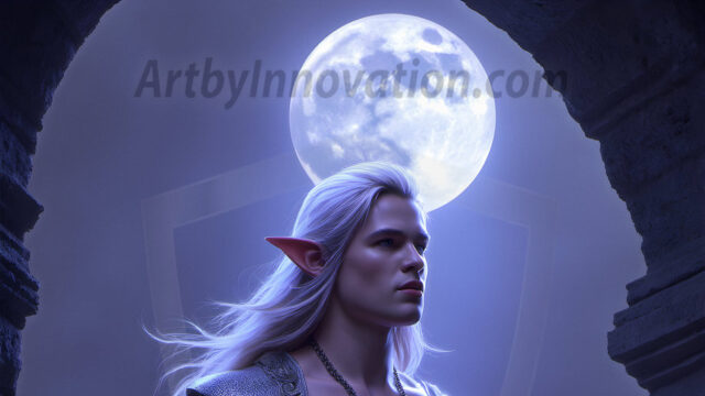 Handsome Male Elves, majestic young male elf standing in an elaborate elven background, in a dark ethereal realm. With pointed ears, wearing glamorous, luxurious, and fierce outfits is an Elven city, full of handsome, and sexy, shirtless elf men, that are adorned with shimmering, iridescent armor.