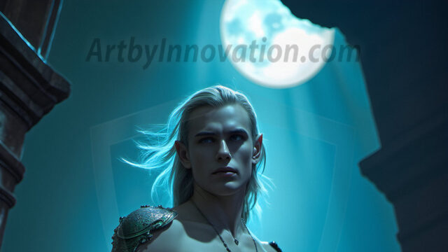 Handsome Male Elves, majestic young male elf standing in an elaborate elven background, in a dark ethereal realm. With pointed ears, wearing glamorous, luxurious, and fierce outfits is an Elven city, full of handsome, and sexy, shirtless elf men, that are adorned with shimmering, iridescent armor.