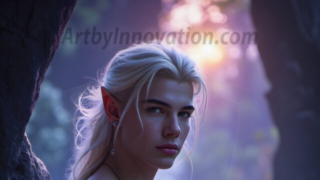 Handsome Male Elves, majestic young male elf standing in an elaborate elven background, in a dark ethereal realm. With pointed ears, wearing glamorous, luxurious, and fierce outfits is an Elven city, full of handsome, and sexy, shirtless elf men, that are adorned with shimmering, iridescent armor.