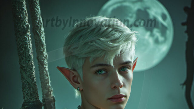 Handsome Male Elves, majestic young male elf standing in an elaborate elven background, in a dark ethereal realm. With pointed ears, wearing glamorous, luxurious, and fierce outfits is an Elven city, full of handsome, and sexy, shirtless elf men, that are adorned with shimmering, iridescent armor.