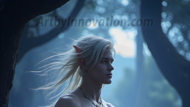 Handsome Male Elves, majestic young male elf standing in an elaborate elven background, in a dark ethereal realm. With pointed ears, wearing glamorous, luxurious, and fierce outfits is an Elven city, full of handsome, and sexy, shirtless elf men, that are adorned with shimmering, iridescent armor.