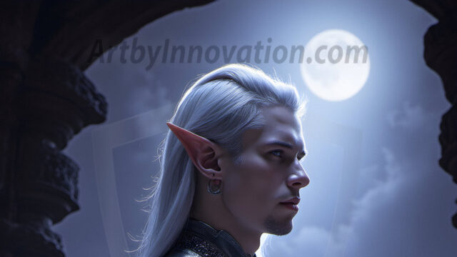 Handsome Male Elves, majestic young male elf standing in an elaborate elven background, in a dark ethereal realm. With pointed ears, wearing glamorous, luxurious, and fierce outfits is an Elven city, full of handsome, and sexy, shirtless elf men, that are adorned with shimmering, iridescent armor.