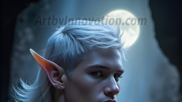 Handsome Male Elves, majestic young male elf standing in an elaborate elven background, in a dark ethereal realm. With pointed ears, wearing glamorous, luxurious, and fierce outfits is an Elven city, full of handsome, and sexy, shirtless elf men, that are adorned with shimmering, iridescent armor.