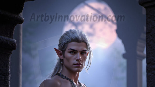 Handsome Male Elves, majestic young male elf standing in an elaborate elven background, in a dark ethereal realm. With pointed ears, wearing glamorous, luxurious, and fierce outfits is an Elven city, full of handsome, and sexy, shirtless elf men, that are adorned with shimmering, iridescent armor.