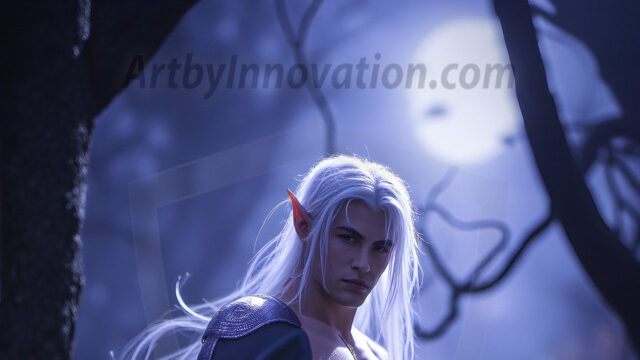 Handsome Male Elves, majestic young male elf standing in an elaborate elven background, in a dark ethereal realm. With pointed ears, wearing glamorous, luxurious, and fierce outfits is an Elven city, full of handsome, and sexy, shirtless elf men, that are adorned with shimmering, iridescent armor.