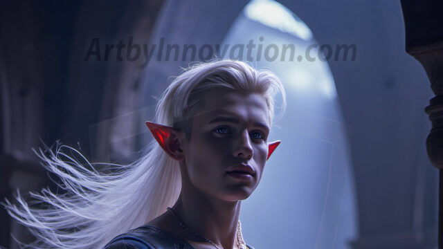 Handsome Male Elves, majestic young male elf standing in an elaborate elven background, in a dark ethereal realm. With pointed ears, wearing glamorous, luxurious, and fierce outfits is an Elven city, full of handsome, and sexy, shirtless elf men, that are adorned with shimmering, iridescent armor.