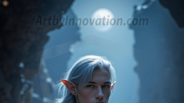 Handsome Male Elves, majestic young male elf standing in an elaborate elven background, in a dark ethereal realm. With pointed ears, wearing glamorous, luxurious, and fierce outfits is an Elven city, full of handsome, and sexy, shirtless elf men, that are adorned with shimmering, iridescent armor.