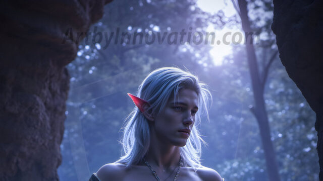 Handsome Male Elves, majestic young male elf standing in an elaborate elven background, in a dark ethereal realm. With pointed ears, wearing glamorous, luxurious, and fierce outfits is an Elven city, full of handsome, and sexy, shirtless elf men, that are adorned with shimmering, iridescent armor.