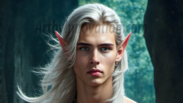 Handsome Male Elves, majestic young male elf standing in an elaborate elven background, in a dark ethereal realm. With pointed ears, wearing glamorous, luxurious, and fierce outfits is an Elven city, full of handsome, and sexy, shirtless elf men, that are adorned with shimmering, iridescent armor.