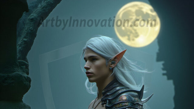 Handsome Male Elves, majestic young male elf standing in an elaborate elven background, in a dark ethereal realm. With pointed ears, wearing glamorous, luxurious, and fierce outfits is an Elven city, full of handsome, and sexy, shirtless elf men, that are adorned with shimmering, iridescent armor.