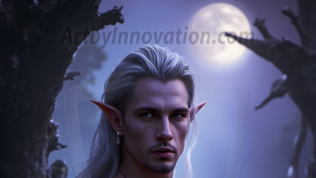Handsome Male Elves, majestic young male elf standing in an elaborate elven background, in a dark ethereal realm. With pointed ears, wearing glamorous, luxurious, and fierce outfits is an Elven city, full of handsome, and sexy, shirtless elf men, that are adorned with shimmering, iridescent armor.