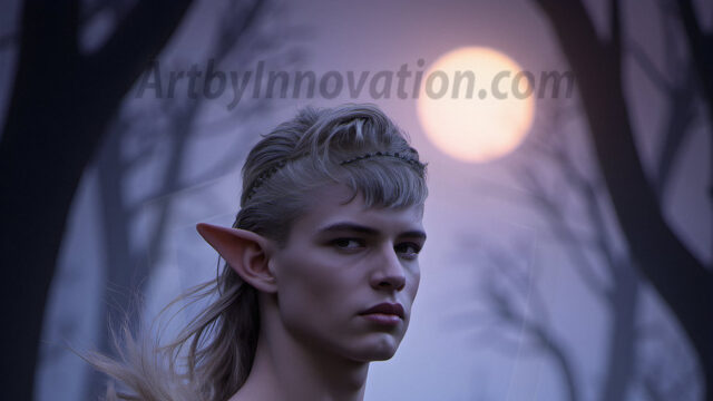 Handsome Male Elves, majestic young male elf standing in an elaborate elven background, in a dark ethereal realm. With pointed ears, wearing glamorous, luxurious, and fierce outfits is an Elven city, full of handsome, and sexy, shirtless elf men, that are adorned with shimmering, iridescent armor.