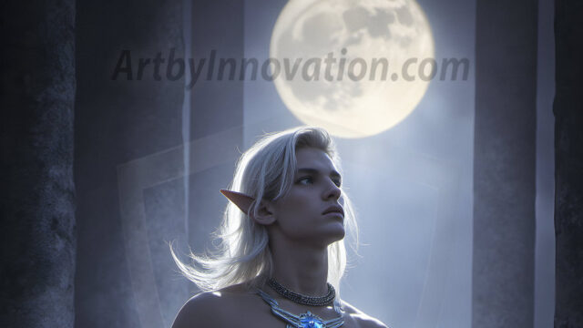 Handsome Male Elves, majestic young male elf standing in an elaborate elven background, in a dark ethereal realm. With pointed ears, wearing glamorous, luxurious, and fierce outfits is an Elven city, full of handsome, and sexy, shirtless elf men, that are adorned with shimmering, iridescent armor.